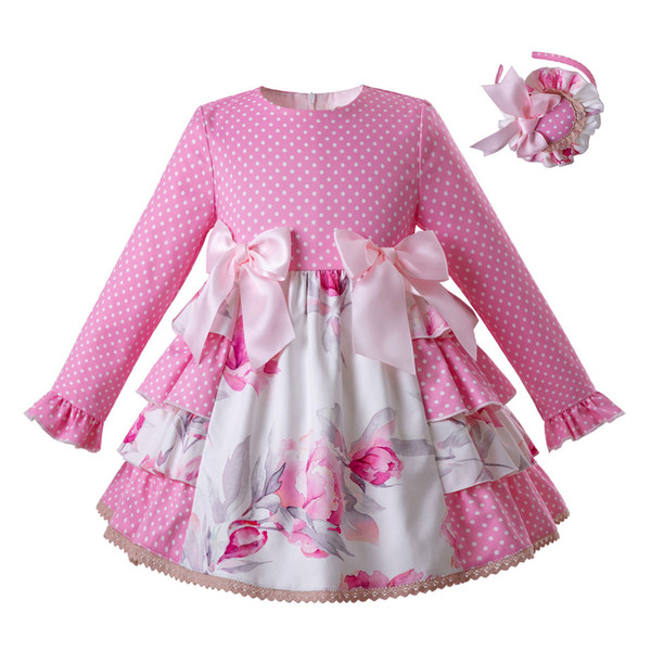 Pettigirl Pink Spring Girl Dress Dots And Flower Print Dress For Girls Boutique Kids Clothing G-DMGD110-B449