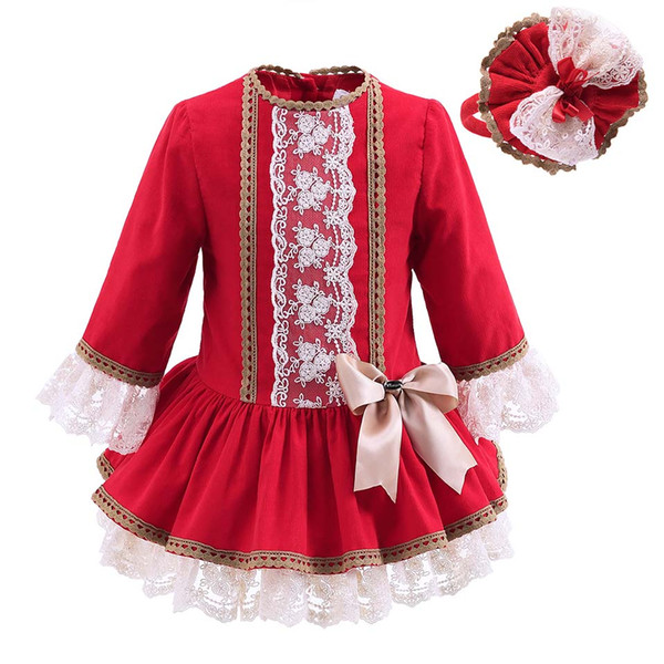 Pettigirl New Autumn Red Girls Dress With Lace Headwear Vintage Kids Dress Bontique Children Christmas Clothing G-DMGD908-893