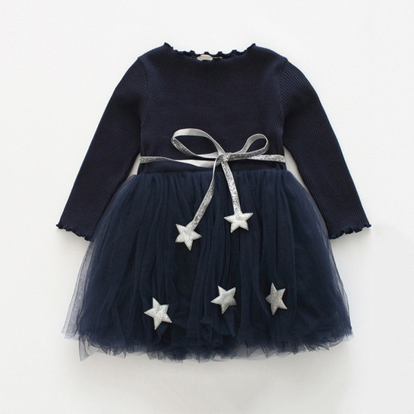 Baby Girls Long Sleeve Dress Cute Star Knitted Patchwork Gauze Dresses 2019 New Spring Autumn Fashion kids Dress 3 Colors