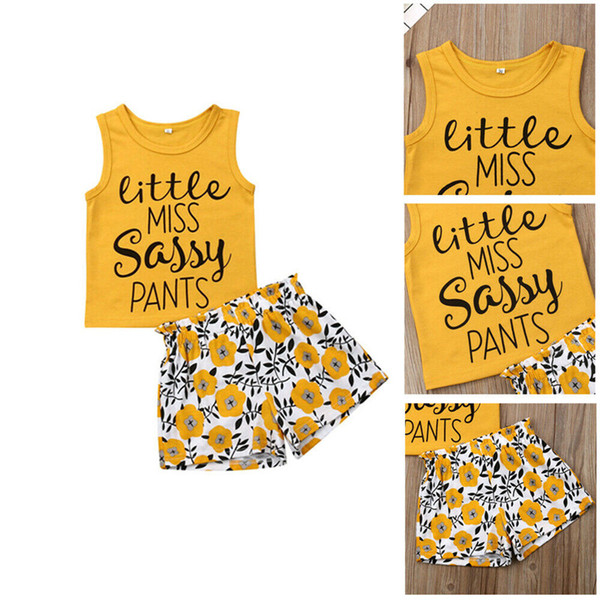 Baby Clothes Girls Letters T Shirt INS Kids Set Sleeveless Vest Top+Flowers Printed Shorts 2 pcs Outfit Children Clothing Z11