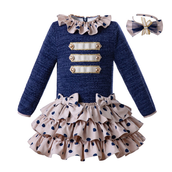 Pettigirl Blue Kids Dresses Dot Long Sleeve Layer Princess Party Baby Girl Dresses For Costume Kids G-DMGD107-B376