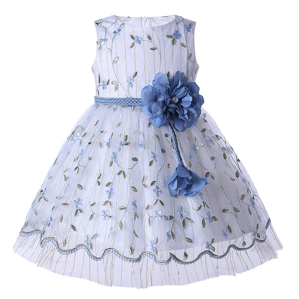 Pettigirl Girls Wedding Party Dress White Tulle Embroidery Dresses With Removeable Blue Flower Sash Children Clothing GD003-1373