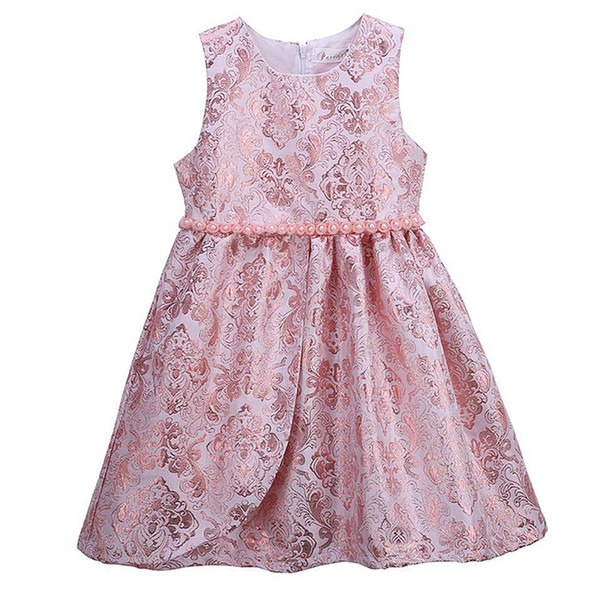 Pettigirl Girls Elegant Flower Dresses Pink O-Neck Kids Vest Dress With Pearls Retail Children Clothes GD81125-335F