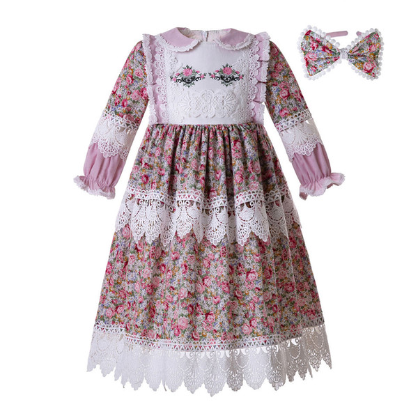 Pettigirl Muslim Doll Collar Long Sleeves Flower Printed Lace Embroidery Dress (Dress Length under Knee)G-DMGD112-B467