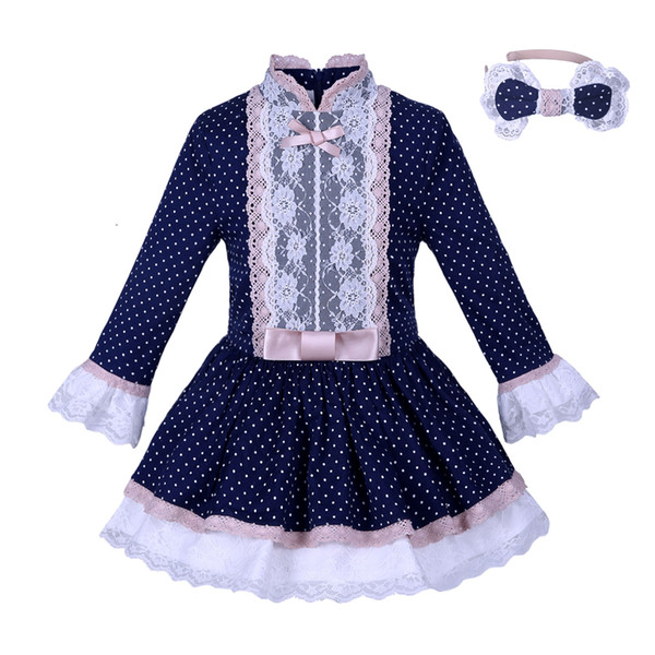 Pettigirl Navy Girls Dress With Lace Sash Polka Dots Dresses Vintage Boutique Spring Autumn Children Clothing G-DMGD007-A145