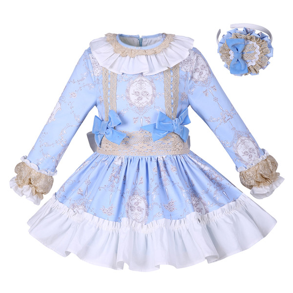 Pettigirl New Blue Flower Girls Dress Solid Princess Dress With Bowtie Boutique Spring/Autumn Children Wear G-DMGD008-A156