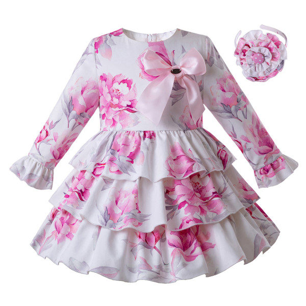 Pettigirl 2019 Girl Floral Printed Party Girl Dress Pink High Waist Dresses With Bows Boutique Clothing For Kids G-DMGD110-B448