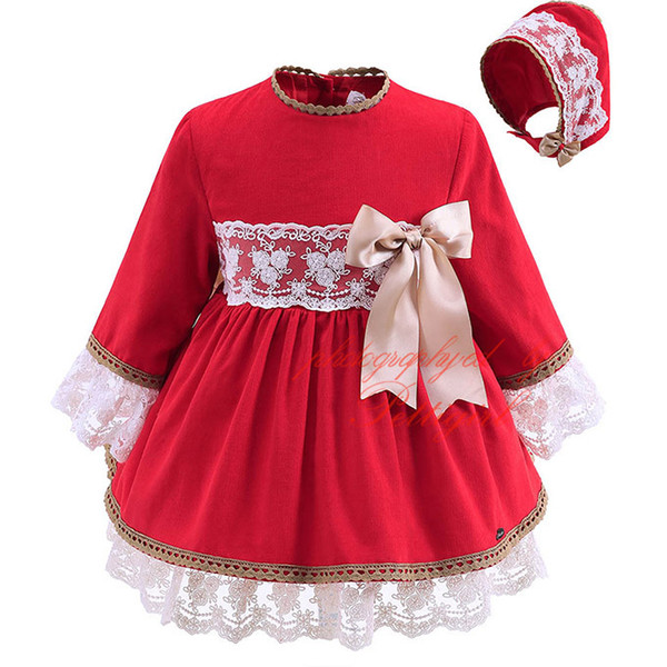 Pettigirl Red Boutique Infant Girl Autumn Dress With Headwear Bow Decoration Lace Long-Sleeved Clothing Baby Knee-Lenhht Wear G-DMGD908-889