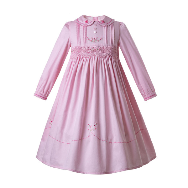 Pettigirl Pink Flower Baby Girls Cotton Holiday Smocked Dresses Long Sleeve Smocking Embroidered Dress Outfits G-DMGD108-C78