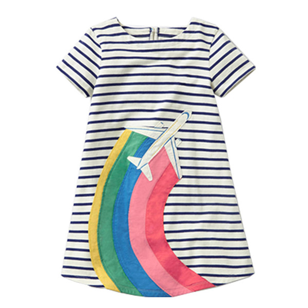 Girls Summer Applique Cotton Short Sleeves Casual Striped Dresses Cute Baby Dress for Party Princess Clothing