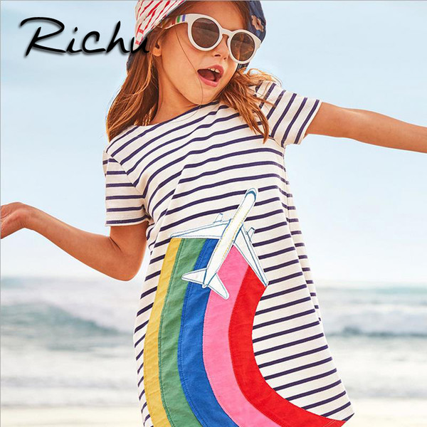 Richu children clothing summer short sleeve dresses for girls striped cotton flower 18M-6Years toddler clothes high quality kids dress