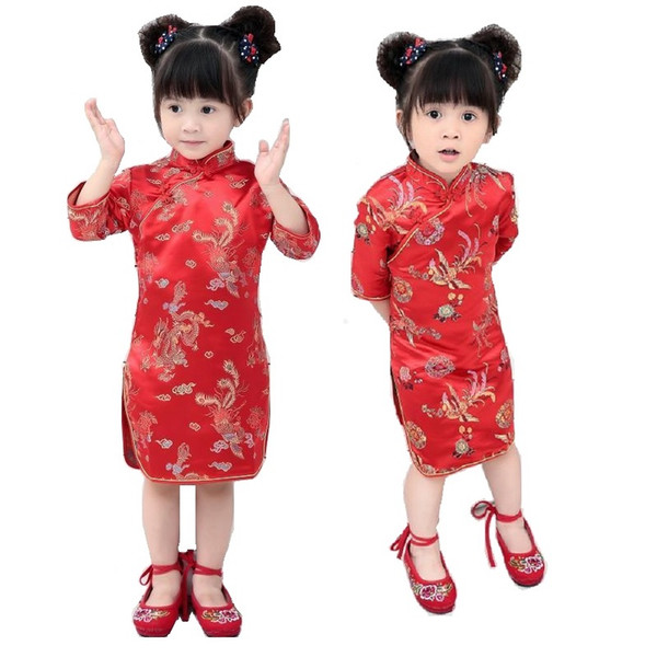 Dragon Red Baby Girl Qipao Dresses 2018 Chinese Spring Festival Children Clothes Girl's Cheongsam Outfits Floral Chi-Pao Dress Skirts