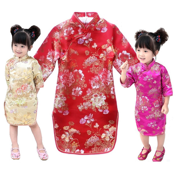 Red Baby Girl Qipao Dresses 2018 New Year Children Clothes Peony Flower Girl's Cheongsam Outfits Festival Party Chi-Pao Dress Costumes