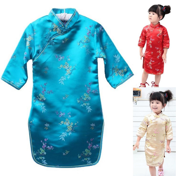 Plum Blue Baby Girl Dresses Chinese Spring Festival Children Clothes Girls One-Piece Cheongsam Kids Dress Chi-Pao Costumes Silk