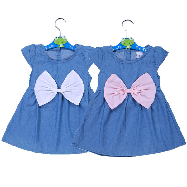 Solid Jean Baby Girls Denim Dress Summer Newborn Clothes Children baptism dresses Big Bowknot Infant Jeans Bowtie Girl Jumpers