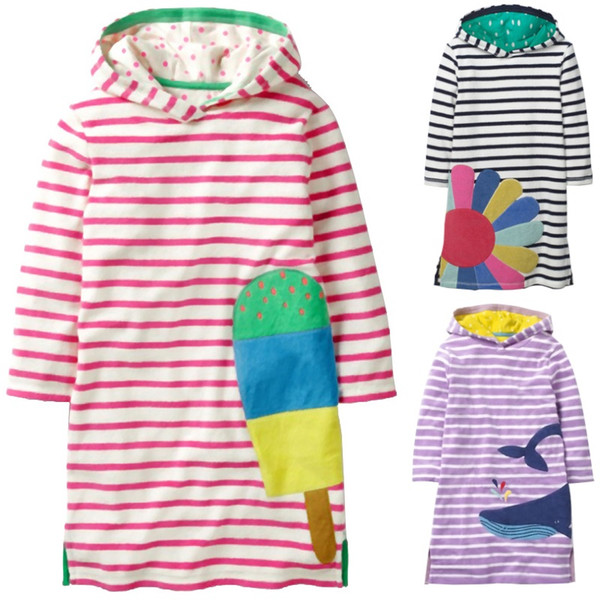 Stripe Ice Cream Girls One-Piece Dresses Hooded Children Dress Baby Girl Clothes Sweater Autumn Outfits Kids Hoodies Shirts Tops