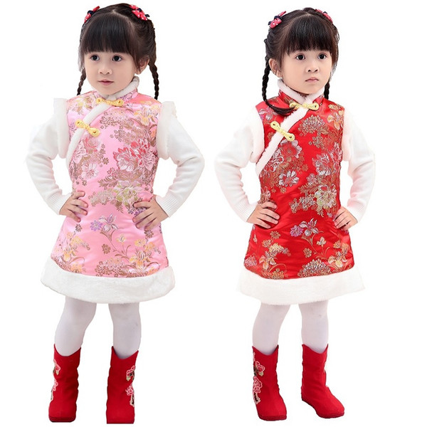 Pink Floral Baby Girl Dresses Coat Children Waistcoat Outerwear Sping Festival Quilted Cheongsam Girls Clothes Chi-Pao Dress Top Skirts