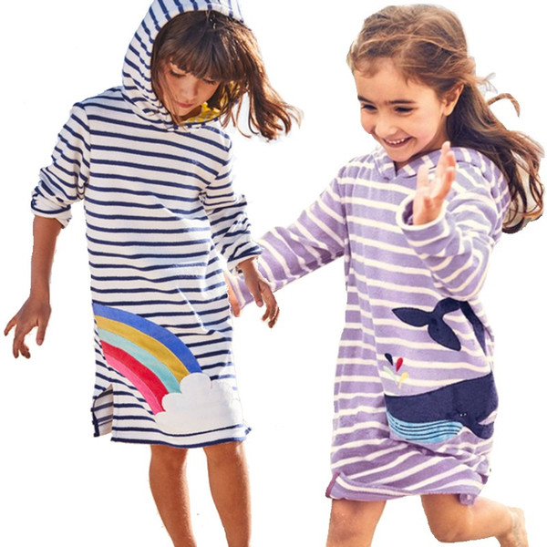 Stripe Girls One-Piece Dresses Hooded Children Dress Whale Blouse Girl Clothes Sweater Vestidos 2-10 Years Purple Outfits Cotton