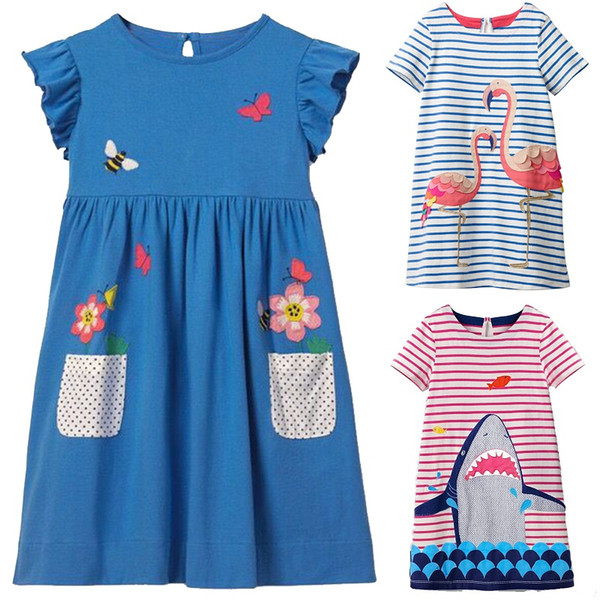 Blue Floral Baby Girls Dresses Children Clothes Blouses Dot Girl's Jumpers Outfit Short Sleeve Clothing For Girl 2 3 4 5 6 Year