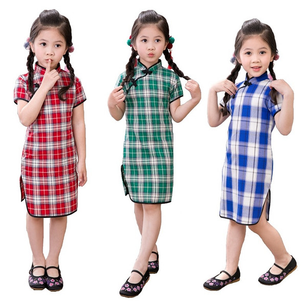 Grid Baby Girl Dresses Summer Children Qipao Chinese New Year Cheongsam Girls Clothes Outfits 100% Cotton Chi-Pao Dress 2-16