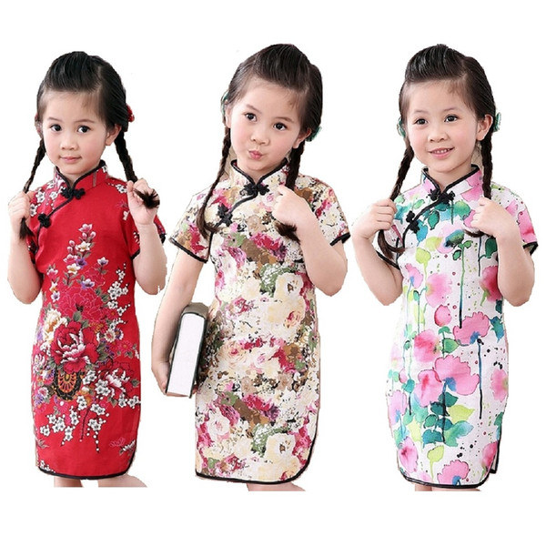 2018 Chinese New Year Baby Girl Qipao Dress Clothes Fashion Girls Cheongsam Children Clothes Outfits Floral Chi-Pao Outfits Top Skirts