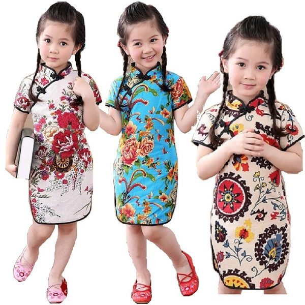 Flower Baby Girl Dresses Summer Fashion Children Qipao Chinese New Year Girl's Cheongsam Clothes Outfits Floral Chi-Pao Dress Skirts