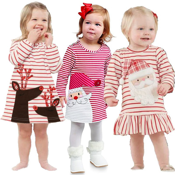 2018 Christmas Baby Girl Dress Red Stripe Reindeer Children Xmas Costumes Santa Girls Dresses Infant Jumper Toddler Outfits 1-6 Years Skirts