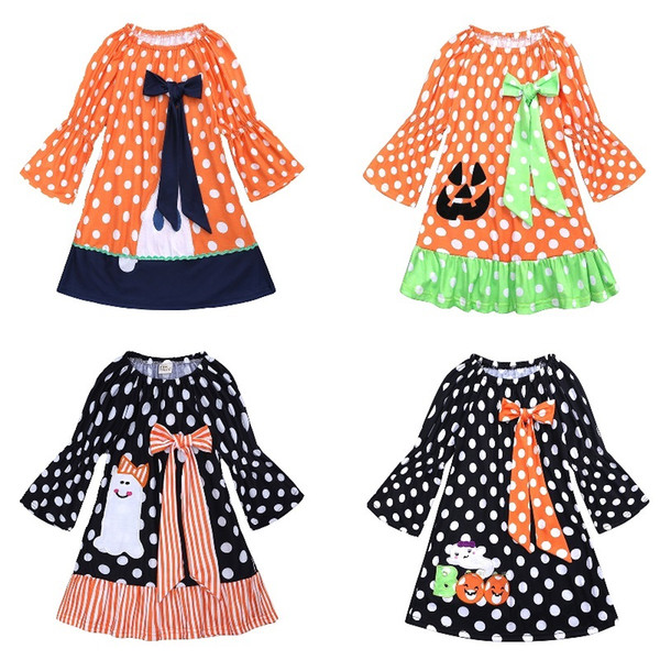 20pcs/lot Halloween Costumes Baby Girl Clothes Children Pumpkin Dress Dot Ghost Girl's Dresses Blouses 100% Cotton Outfit 1-6 Year2