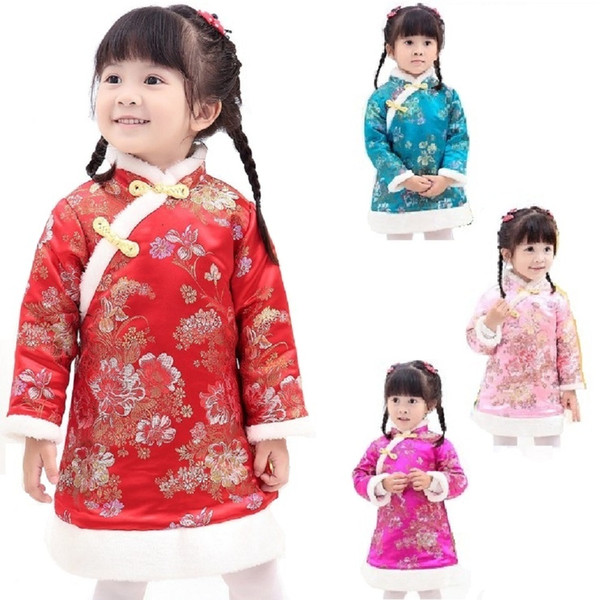 Peony Floral Baby Girl Dresses Coats Children Qipao Clothes Winter Outerwear Sping Festival Cheongsam Outfits Chi-Pao Dress Top DOWN Jackets