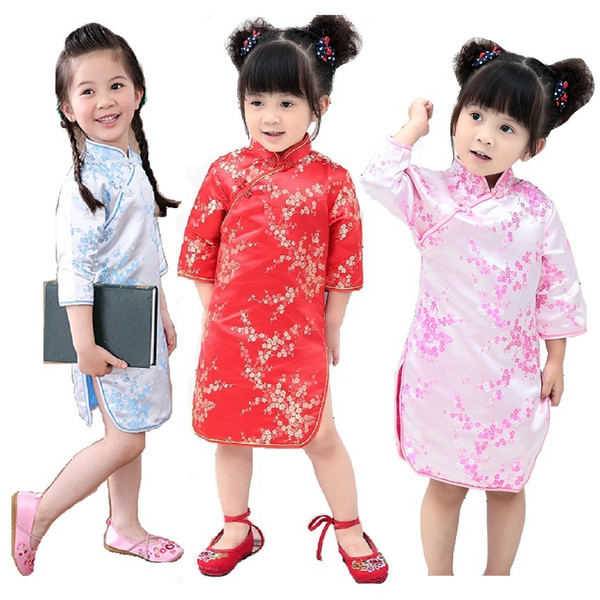 Baby Girl Dresses Children Spring Festival Clothes Plum Girls Cheongsam Kids Dress Chi-Pao Costumes Tribute Silk Princess Shirts Skirts