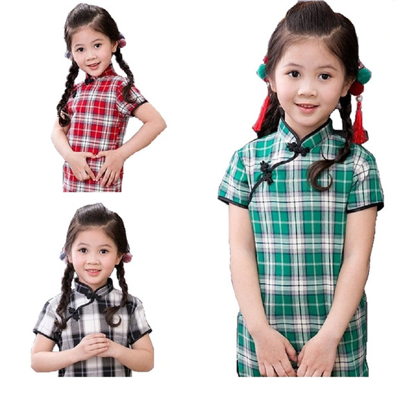 Plaid Baby Girl Dresses Children Qipao Clothes Chinese Sping Festival Cheongsam Outfits 100% Cotton Chi-Pao Dress 80-150CM Shirt Skirts