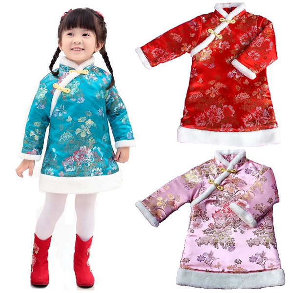 Floral Winter Baby Girl Dresses Coats Children Qipao Clothes Outerwear Sping Festival Cheongsam Girls Down Jacket Chi-Pao Dress Outfits