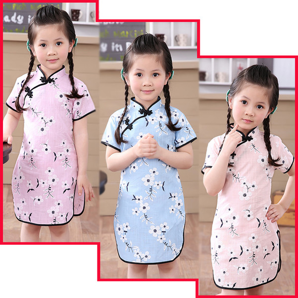 Flower Baby Girl Dresses Summer Plum Children Qipao Chinese New Year Girl's Cheongsam Clothes Outfits Floral Chi-Pao Dress Top Skirts