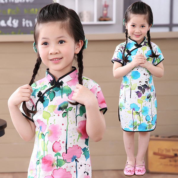 Peony Baby Girl Dresses Ink Wash Painting Summer Children Qipao Chinese New Year Girl's Cheongsam Clothes Outfits Lotus Chi-Pao Dress 2-16