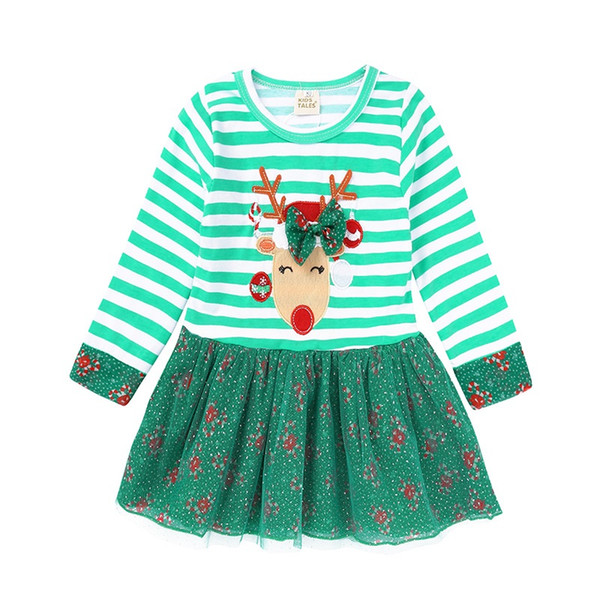 Green Stripe Christmas Baby Girl Dress Deer Children Xmas Clothes Girls Ball Gown Floral Tutu Dresses Crutches Candy Cane Outfit Skirts