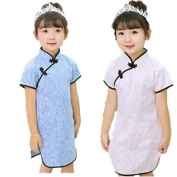 Baby Girl Slim Dress Fashion Children Clothes Lace Girl's Wedding Dress Hollow Qipao One-Piece Dress Cheongsam Costume Blouse Skirts