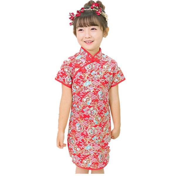 Red Baby Girl Slim Dress Summer Short Sleeve Children Clothes Fashion 100% Cotton Girl's Cheongsam Party Wedding Qipao Dress Top