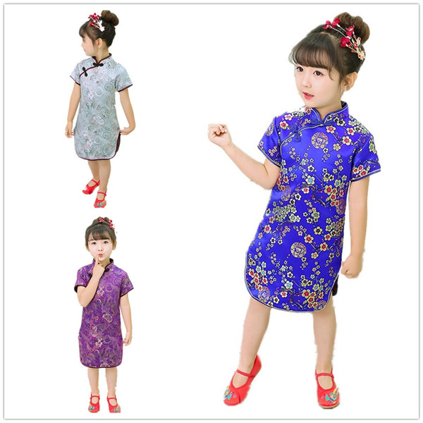 Spring Festival Baby Girl Qipao Dresses Children Chinese Traditional Clothes Floral Girl's Cheongsam Party Chi-Pao Dress Silky Brocade Soft