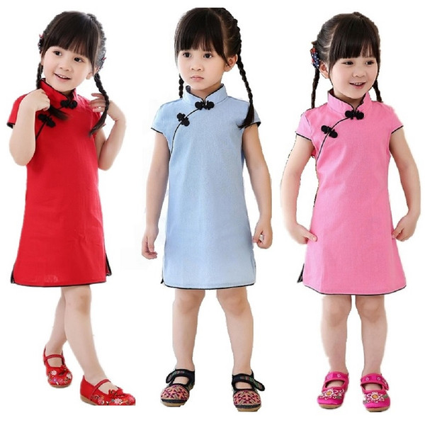 2018 Girl Dress Cotton Short Sleeve Children Qipao Chinese Traditional New Year Gift Baby Girls Clothes 2 4 6 8 10 12 14 16 Year