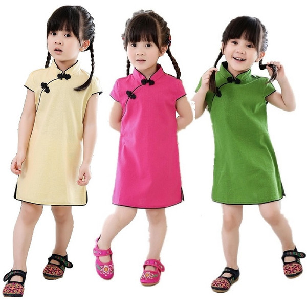 Baby Girl Dresses Short Sleeve Children Qipao Chinese Traditional New Year Gift Girl's Cheongsam Clothes Solid Young Girl Dress Skirts