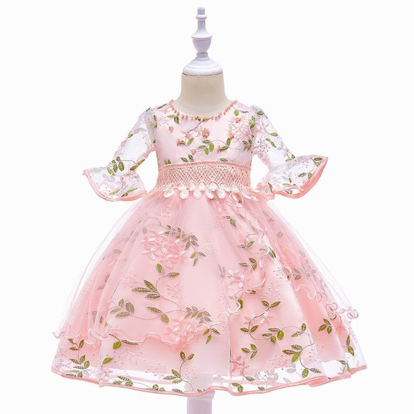 2019 New Style Half Sleeves Embroidery Flower Party Dress for Girls Children Elegant Princess Dress 0-8 Years E5015