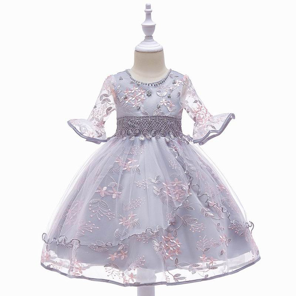 Wholesale 2019 New Style Half Sleeves Embroidery Flower Party Dress for Girls Children Elegant Princess Dress 0-8 Years E5015