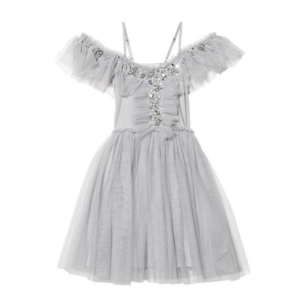 2019 Summer Gray Dress for Girls Rhinestones Sequins Gauze Off Shoulder Princess Party Dress Children Clothing 2-6T E8605