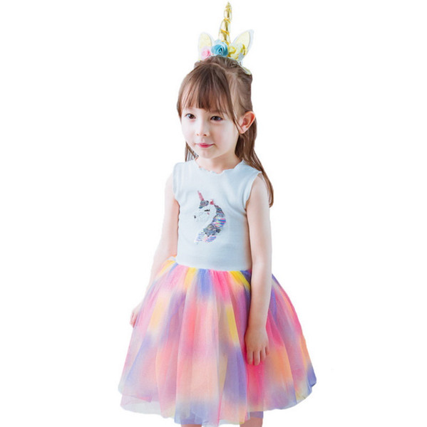 2019 Summer Unicorn Dress for Girls Colorful Gauze Rainbow Cosplay Dress+Headband Children Clothing 2-6T E9234