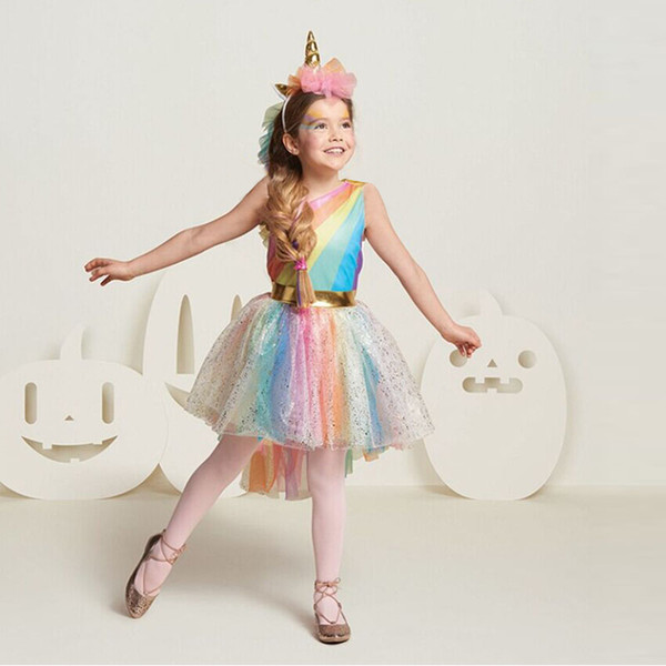 Wholesale Unicorn Dress for Girls Glitter Rainbow tutu Dresses Princess Halloween Carnival Costume Wear+Hair hoop E88414