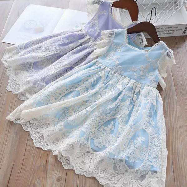 Wholesale 2019 Summer New Girl Dress Embroidery Lace Sundress Children Clothing Purple Blue 2-6T E325804