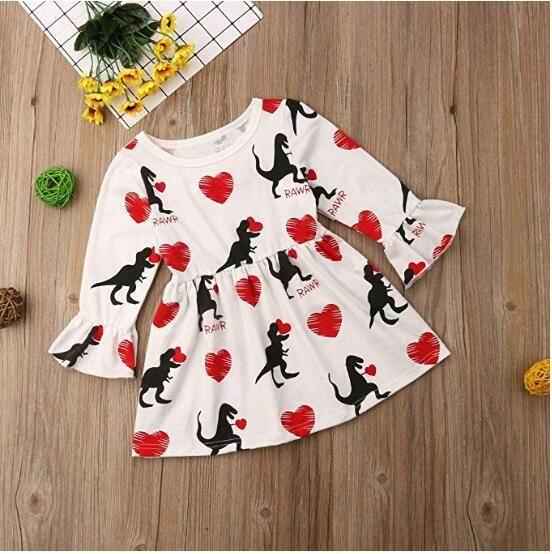 2019 Valentine's Day Dress for Girl Heart Dinosaur Long Sleeve Cotton Dress Children Clothing 1-5T SH047