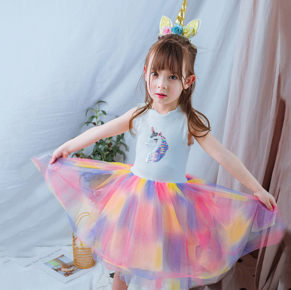 Wholesale 2019 Summer Unicorn Dress for Girls Colorful Gauze Rainbow Cosplay Dress+Headband Children Clothing 2-6T E9234