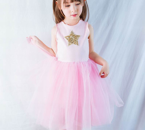 2019 Summer Princess Dress for Girls Sleevless Sequins Star Gauze Fluffy Dress Children Clothing 2-6T E9123