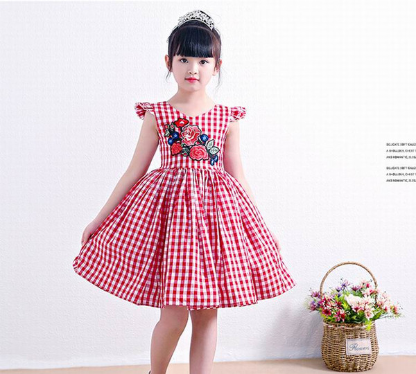 2019 Summer Girls Dresses Bohemian Style Red Plaid Embroidery Holiday Sundress Children Clothing 3-11T H1005